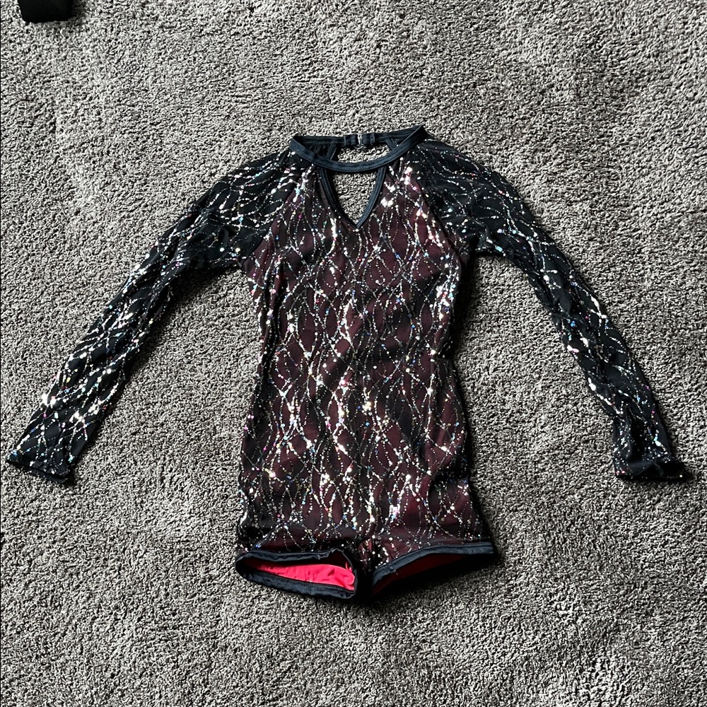Black and Silver Sequin Long Sleeve Leotard